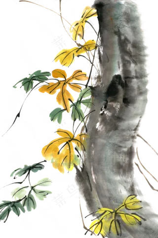 秋天的黄叶水墨画PNG免抠素材