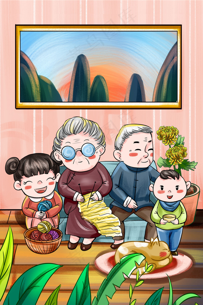手绘温馨家庭陪伴老人(3545*5315px 300 dpi )psd模版下载