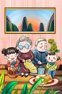 手绘温馨家庭陪伴老人