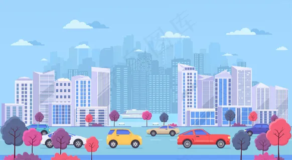 拥有大型现代化建筑的城市景观、城市交通、街道交通、有彩色树木和河流的公园。公路上有蓝色背景的汽车。