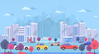 拥有大型现代化建筑的城市景观、城市交通、街道交通、有彩色树木和河流的公园。公路上有蓝色背景的汽车。