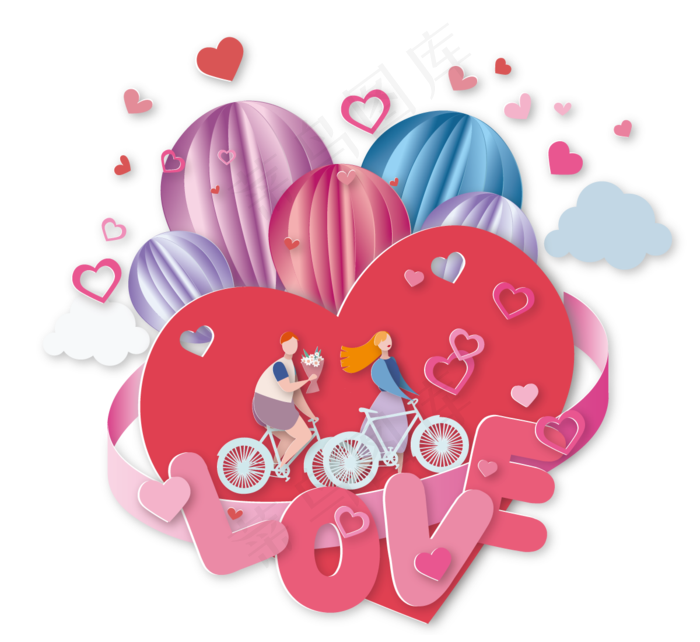 情人节情侣爱热气球丝带立体剪纸