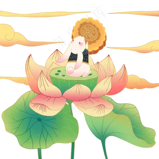 国潮中秋荷花玉兔