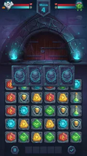 怪物战斗图形用户界面闭门游戏场比赛3-卡通风格矢量插图移动格式窗口与选项按钮，游戏项目。