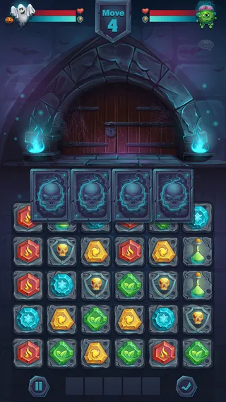 怪物战斗图形用户界面闭门游戏场比赛3-卡通风格矢量插图移动格式窗口与选项按钮，游戏项目。