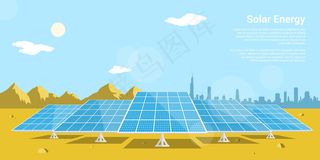 图片太阳能电池在沙漠与山脉和大城市的剪影为背景，可再生太阳能的概念风格