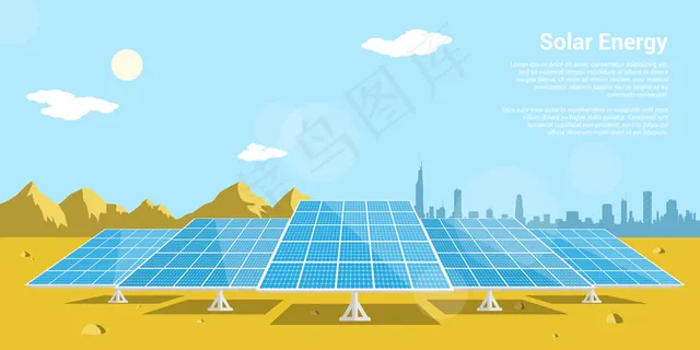 图片太阳能电池在沙漠与山脉和大城市的剪影为背景,可再生太阳能的概念风格 图片太阳能电池在沙漠与山脉和大城市的剪影为背景,可再生太阳能的概念风格