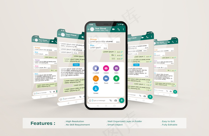 手机上的Whatsapp接口模板和ui-ux应用程序演示模型样机psd模版下载