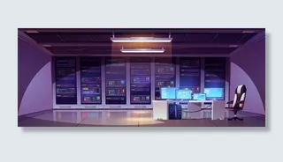 数据中心机房，配有服务器机架，电脑显示器位于桌子和椅子上。