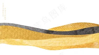 金质艺术景观背景。日本波浪图案，带有东方风格的山旗。