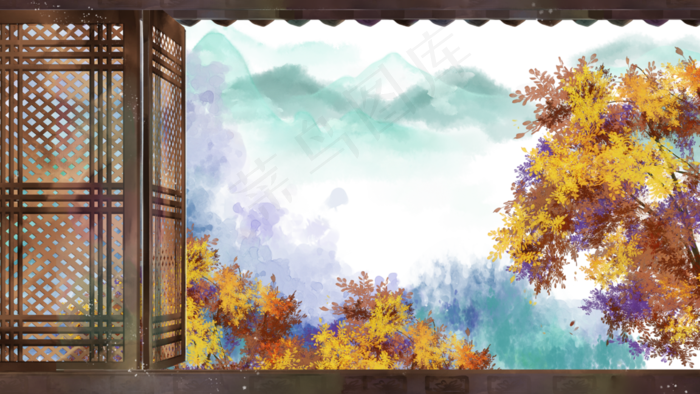 秋季远山别墅秋天风景(3545X5315(DPI:300))psd模版下载