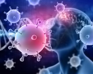 具有抽象covid 19病毒细胞和dna链的医学背景的3d渲染