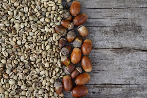 中间烤咖啡豆和橡子平放在木制背景上