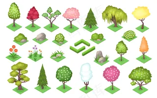 卡通树和灌木篱笆，石头和草在夏天或春天的季节。