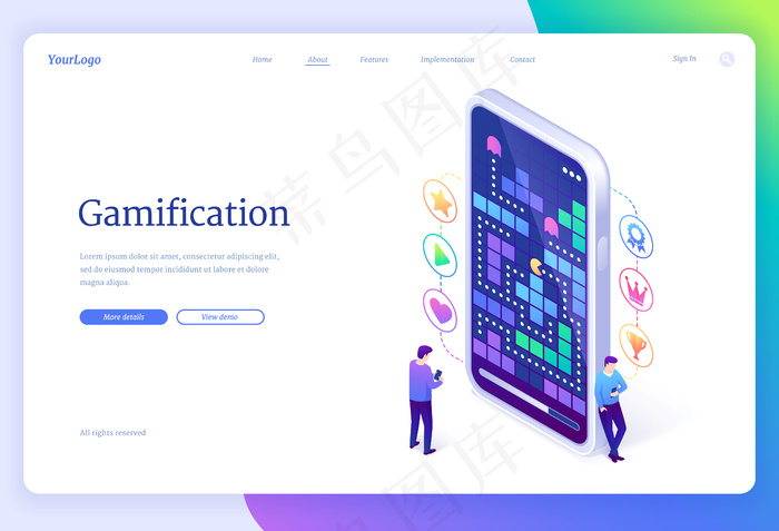 游戏化。交互式游戏应用程序app在线登录页eps,ai矢量模版下载