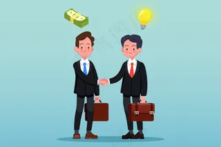 两个商人握手。在蓝绿色背景下孤立。