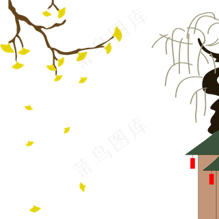 漂浮的银杏叶叶红灯笼房子