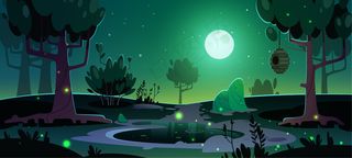 夏季景观，有树木、池塘和蜂巢