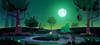 夏季景观，有树木、池塘和蜂巢