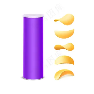 用于包装设计的一套紫色锡盒容器管，在白色背景上隔离不同形状的薯片