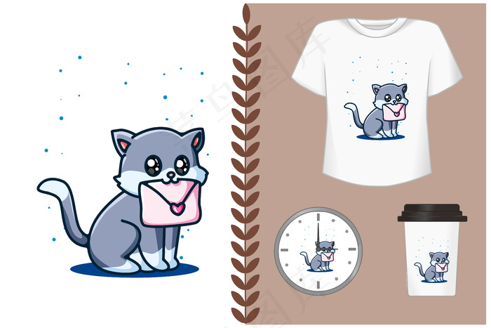可爱的猫与情书卡通插图eps,ai矢量模版下载