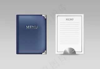 矢量蓝咖啡馆菜单书持有人和白色卡片顶视图隔离在灰色背景