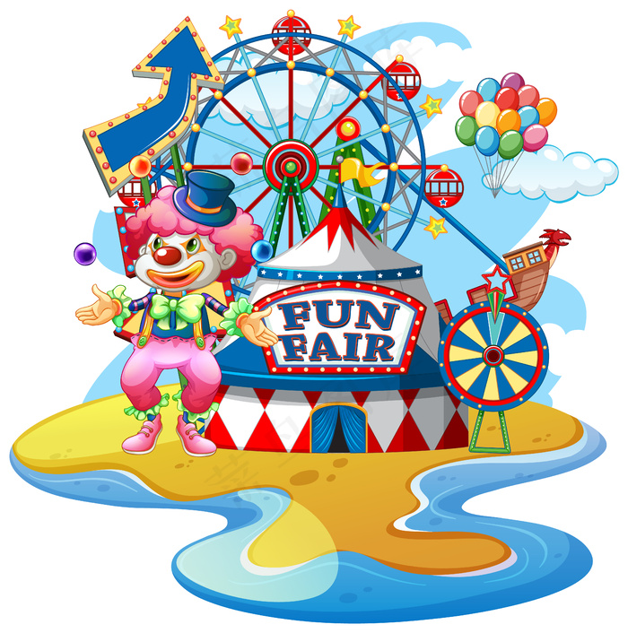 在白色背景的游乐场上与滑稽小丑的场景