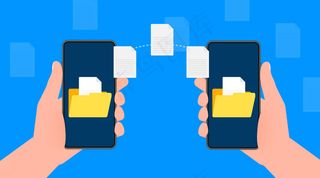 现代平面图标，蓝色，可将文件从智能手机传输到智能手机