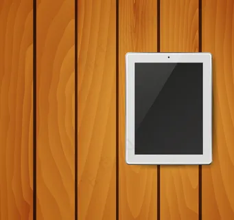 木制背景上带黑屏的逼真平板电脑。插图。