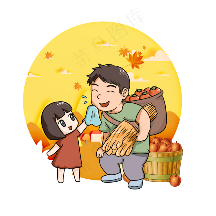 收获的季节女孩给爸爸擦汗