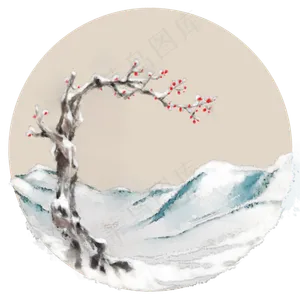 中国风水墨画冰原梅花雪景