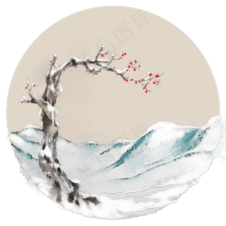 中国风水墨画冰原梅花雪景