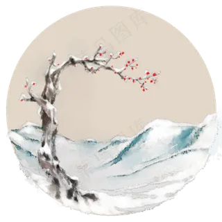 中国风水墨画冰原梅花雪景