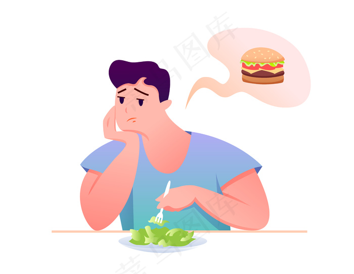 卡通人物坐在餐桌旁，吃着健康饮食，梦想着不健康的汉堡