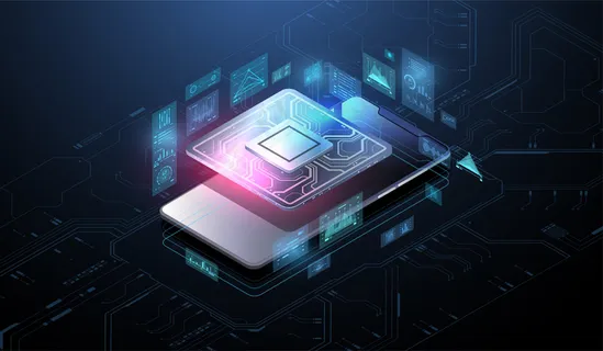 具有灯光效果的微芯片处理器。控制论系统，未来计算技术。芯片的分析和扫描。大数据库，处理，快速分析。hud接口。
