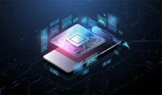 具有灯光效果的微芯片处理器。控制论系统，未来计算技术。芯片的分析和扫描。大数据库，处理，快速分析。hud接口。