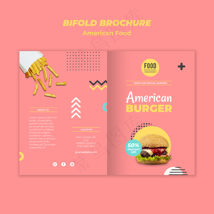 带汉堡的美国食品双折小册子模板