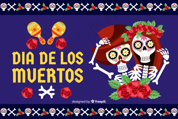 平面día de muertos背景和骨架夫妇eps,ai矢量模版下载