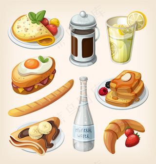 一套传统的法式早餐元素和菜肴。插图