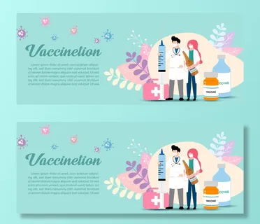 卡通人物的医生,拿着一个巨大的注射器和拿着疫苗瓶,装饰植物上的医疗袋和疫苗接种措辞,示例文本和绿色。 卡通人物的医生,拿着一个巨大的注射器和拿着疫苗瓶,装饰植物上的医疗袋和疫苗接种措辞,示例文本和绿色。