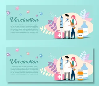 卡通人物的医生，拿着一个巨大的注射器和拿着疫苗瓶，装饰植物上的医疗袋和疫苗接种措辞，示例文本和绿色。