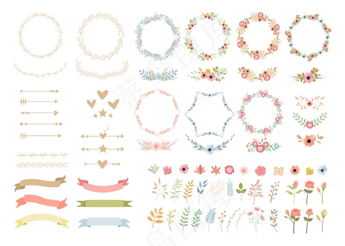 婚礼花饰优雅多彩插画套装eps,ai矢量模版下载
