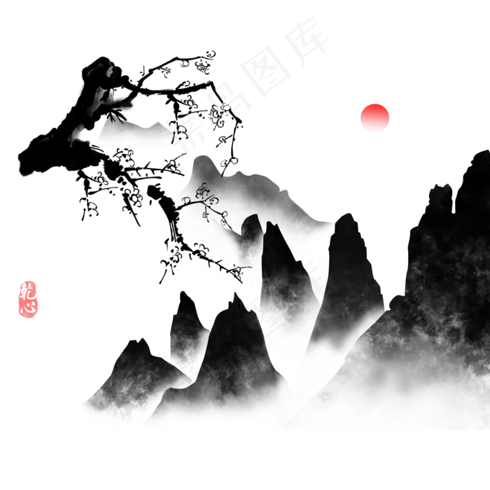 黑色优美古风水墨山可商用元素(2000X2000(DPI:300))psd模版下载