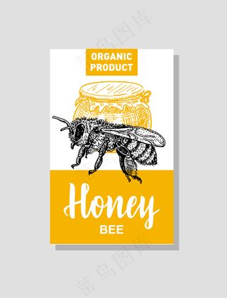 蜂蜜生产卡。生产蜂蜜的公司的身份。养蜂海报。手绘复古风格插图。卡片设计模板。复古背景。