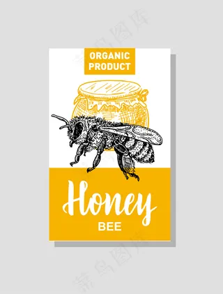 蜂蜜生产卡。生产蜂蜜的公司的身份。养蜂海报。手绘复古风格插图。卡片设计模板。复古背景。