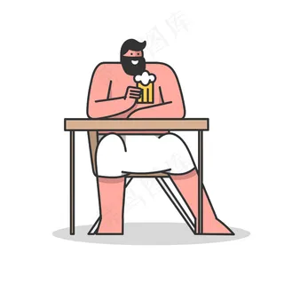 坐在桑拿房桌子旁的男人，裹着毛巾和杯子