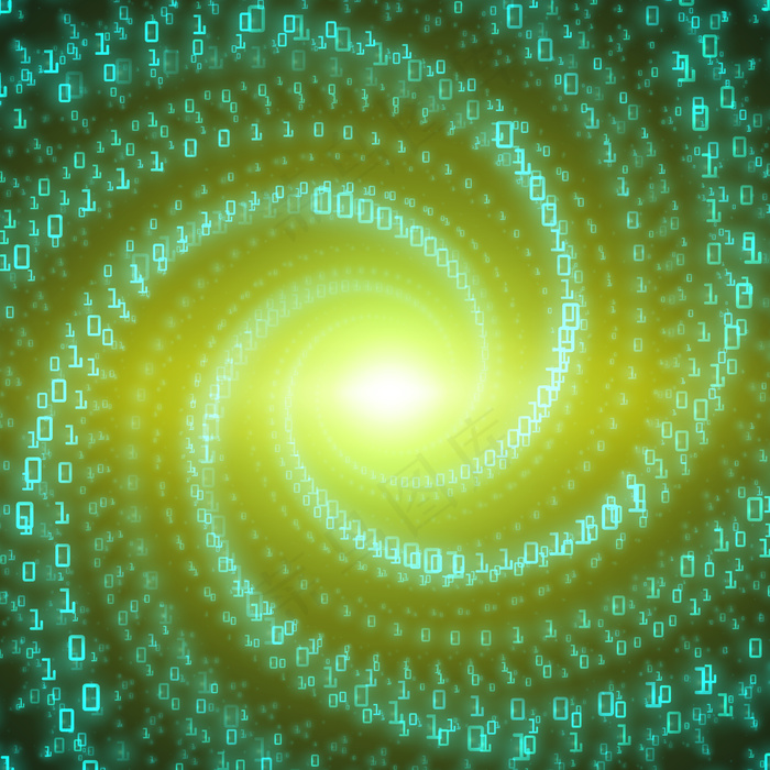 数据流背景。绿色大数据流：二进制数字字符串在无限隧道中扭曲