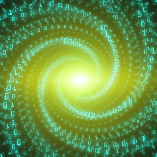 数据流背景。绿色大数据流：二进制数字字符串在无限隧道中扭曲