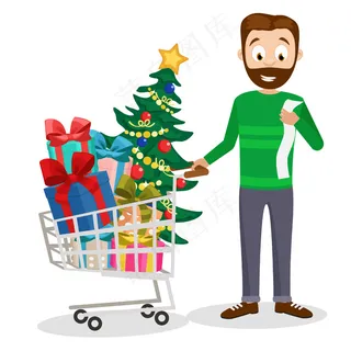 爸爸买了满满一车礼物和一棵白色的圣诞树。