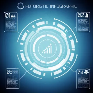 现代虚拟技术信息图形，蓝色背景上有浅色图表文本和图标